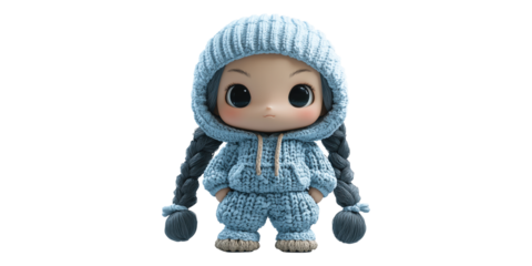 Blue Knit Doll with Pigtails Isolated on Transparent Background