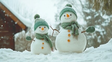 Obraz premium A cheerful family of snowmen in winter green colour outfits on a snowy day