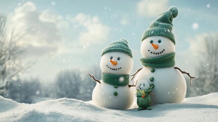 Fototapeta premium A cheerful family of snowmen in winter green colour outfits on a snowy day