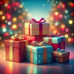 Fototapeta premium boxes of colorful christmas presents stacked on top of one another