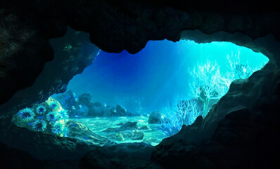 underwater scenery with coral reefs and textured rocks with bright lights from above, a view from inside a dark cave