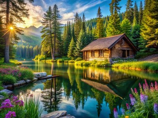 Fototapeta premium Serene Log Cabin Retreat Surrounded by Lush Forest and Tranquil Lake, Embracing Nature's Beauty with Rustic Charm and Cozy Atmosphere for a Perfect Getaway Experience