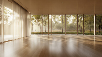 Empty room with a light wood floor and large windows