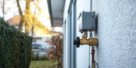 Gas connection to a private house. Gas station with a pipe hanging outside the house on the wall exterior