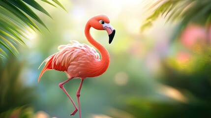 Fototapeta premium Cute animated flamingo with a cheerful expression, balancing on one leg against a soft tropical background