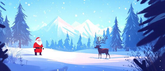 Santa Claus and Reindeer in Snowy Winter Landscape