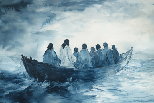 Jesus with his disciples on a boat, watching as he calms the storm. The watercolor uses soft blues, grays, and whites to create a sense of peace and miraculous power.