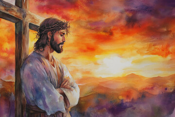 Obraz premium Jesus standing in front of a beautiful sunset, holding the cross with a serene expression. The watercolor uses rich oranges, reds, and purples to evoke sacrifice, hope, and divine love.