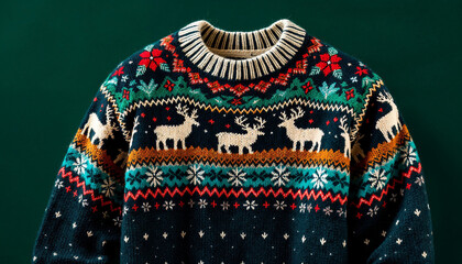 A cozy handknit sweater with geometric deer patterns on a dark green background.