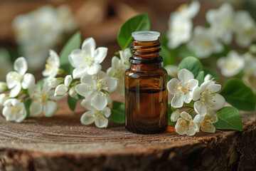 Essential oil with jasmine flower on wooden plank,.     