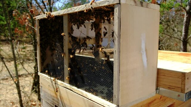 Hand held close up shot of bees buzzling inside delivery box or cage after most of them get inside new beehive following queen placed in it