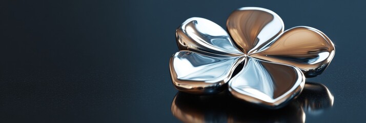 A clover-shaped figurine rendered in polished silver, sitting on a reflective black surface with subtle glowing edges