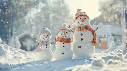 Obraz premium A cheerful family of snowmen in winter white colour outfits on a snowy day