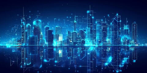 Fototapeta premium High-tech futuristic city skyline, vibrant neon blue tones, reflecting a clean, sci-fi aesthetic, 