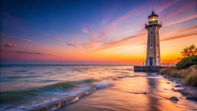 Serene Minimalist View of Goderich Lighthouse at Sunset, Goderich, Ontario, Emphasizing Tranquility and Natural Beauty in a Coastal Landscape with Gentle Waves and Clear Skies