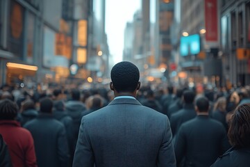 Fototapeta premium Businessman Walking Amidst Busy City Crowd Back View