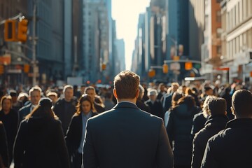 Obraz premium Businessman Walking Amidst Diverse City Crowd in Sunlight