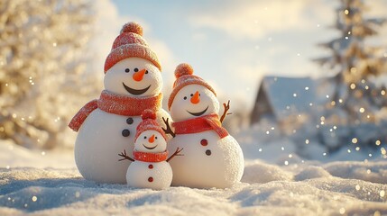 A cheerful family of snowmen in winter white colour outfits on a snowy day
