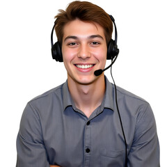Smiling man while wearing the headphones ,Customer service professional in a call center ,portrayed in a PNG image Ideal for technical support, contact us, and consultant agent visuals, isolated