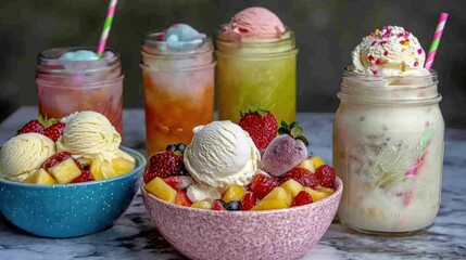 A colorful display of desserts and beverages featuring ice cream, fruit, and refreshing drinks.