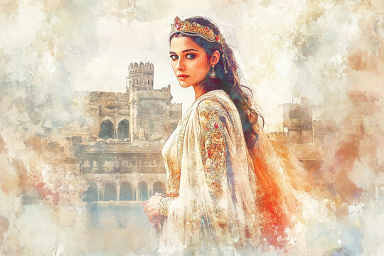 A digital watercolor painting of Queen Esther, standing in front of the Persian palace, her eyes filled with resolve. She is draped in royal Persian attire, with a crown on her head and a scepter in