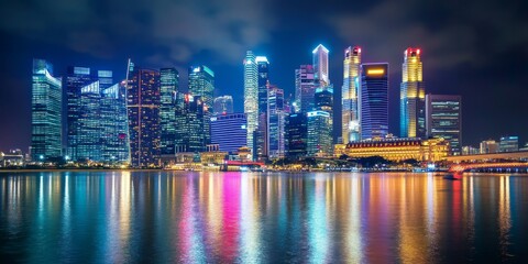 Fototapeta premium Vibrant night view featuring brilliant lights illuminating the skyline, creating a stunning night view that captivates with its beauty and charm, perfect for showcasing a lively urban atmosphere.