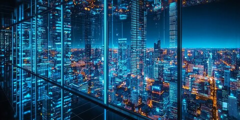 High-tech futuristic city skyline, vibrant neon blue tones, reflecting a clean, sci-fi aesthetic, 