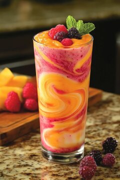 Swirled mango raspberry smoothie, garnished with mint.