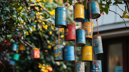 A colorful wind chime made from recycled metal cans hangs from a tree branch.