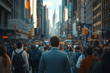 Fototapeta premium Businessman Walking Through Dense Metropolis Sunlight