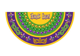 Semicircle Mardi Gras banner, flag for holiday celebration, decoration. Half circle bunting with Fleur de Lis symbol masks, strings of beads, text. Vintage style