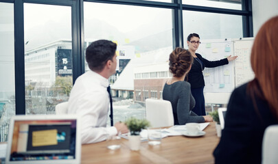 Business, woman or pointing to presentation in finance meeting for sales target review or company stats feedback. Growth chart, financial manager or people in workshop for workflow strategy in office