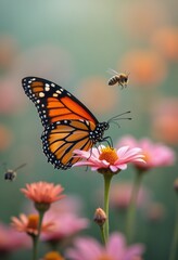 Fototapeta premium A vibrant monarch butterfly perches delicately on a pink flower, its striking orange and black wings contrasting beautifully with the soft pastel background. Nearby, a busy bee hovers, embodying the