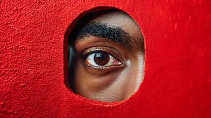 Intense brown eye peering through circular cutout in vibrant red surface, capturing curiosity and mystery in a striking close-up portrait composition.
