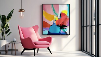 Pink Chair and Abstract Colorful Painting in Modern Room