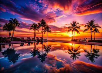 Serene Silhouette of a Swimming Pool at Sunset with Vibrant Colors and Tranquil Reflections, Perfect for Relaxation and Leisure Imagery