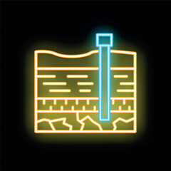 Glowing neon icon of geological survey showing soil layers with probe, isolated on black background