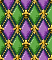 Geometric Mardi Gras pattern with yellow Fleur de lis symbol, strings of beads. Diagonal classic rhombus grid. Harlequin volumetric ornament. Vintage style. © OA_Creation