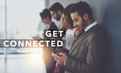Business people, waiting room or team connected with phone for social media, communication or...