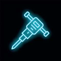 Blue neon sign illustrating a jackhammer on a black background