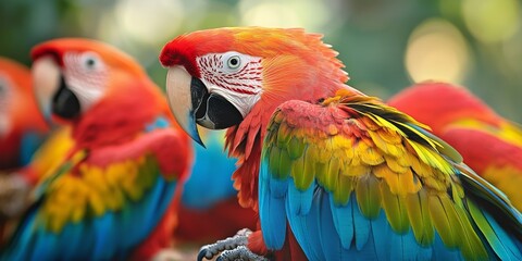 Obraz premium Colorful birds with vibrant feathers inspire awe and wonder, showcasing their resplendent beauty. The vibrant feathers of striking macaws and other birds create a captivating display of iridescence.