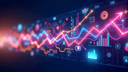 Obraz premium Abstract representation of a vibrant data flow, featuring neon-colored arrows, graphs, and icons symbolizing analytics and engagement on a dark gradient background.