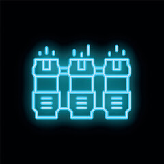 Vibrant blue neon icon depicting three milk bottles with straws, symbolizing dairy products and beverages