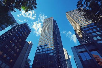 Obraz premium City High-Rise Buildings, Treetops & Blue Sky