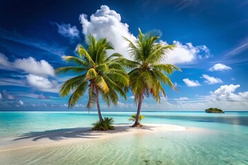 Fototapeta premium Serene Tropical Desert Island with Two Palm Trees Under Clear Blue Sky, Perfect for Minimalist Photography and Relaxation Themes in Nature and Travel Imagery