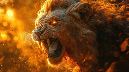 A fierce lion roaring amidst fiery colors, embodying strength and power.