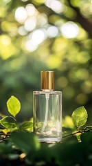 Elegant glass perfume bottle with golden cap nestled among lush green leaves, capturing natural beauty and luxury in a serene outdoor setting.