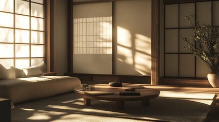 Serene Minimalist Japanese Living Room Design With Sunlight