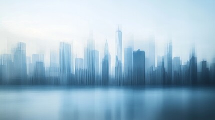 Obraz premium Blurry modern urban skyline, soft blue and white gradient, minimalist design, dreamy effect 