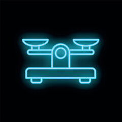 Blue neon sign of a balancing scale glowing on a black background